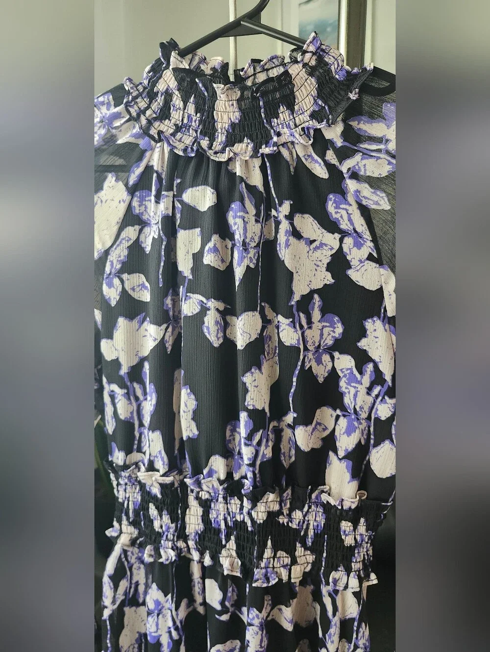 Long Sleeve Black Floral Midi Dress with Smocked Waist - Picture 5 of 10